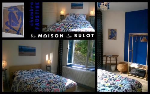 two pictures of a bedroom with a bed and a window at La Maison Du Bulot in Fruges