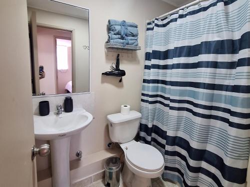 テムコにあるCondominio Alto Durand, con Estacionamiento, a 5 minutos del casino, Portal Temuco, supermercados, restaurantes y tiendas, cafeterías y clínica 2d 1bの洗面台、トイレ、鏡のあるバスルーム