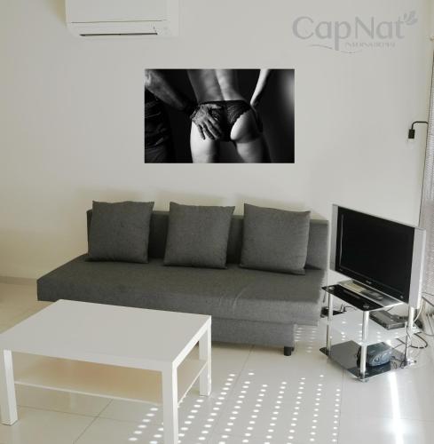 un salon avec un canapé et une télévision dans l'établissement CapNat - Village Naturiste - Port Nature - Villa Pamela, au Cap d'Agde