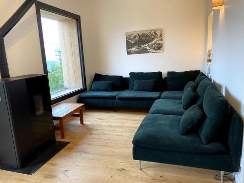 un salon avec un canapé vert et une télévision dans l'établissement Symphonie des Cimes - rénové entièrement 2024, à Passy