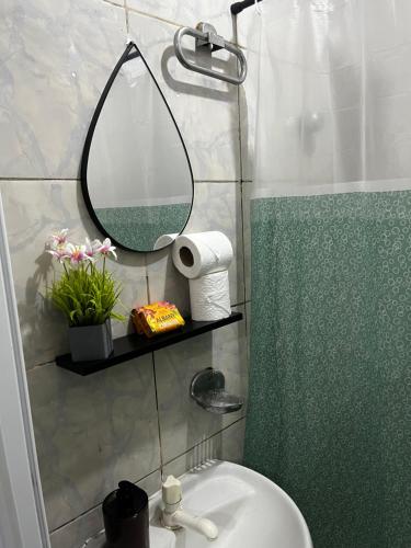 a bathroom with a sink and a mirror at Pousada Familia in Rio das Ostras