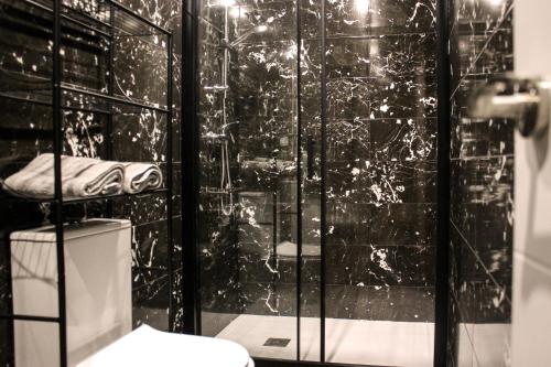 a black and white bathroom with a toilet and a shower at CITY FLATS - Avenida Baleares in Valencia