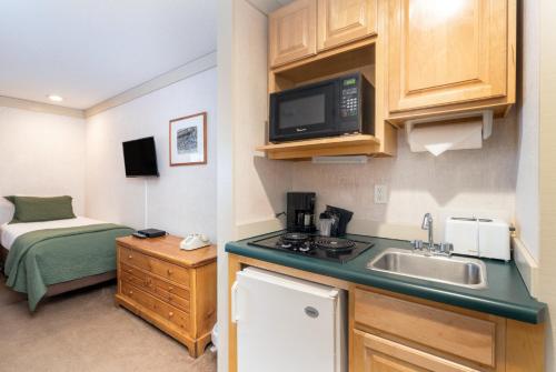 a small kitchen with a sink and a microwave at Mountainside Inn 406 by Alpine Lodging Telluride in Telluride