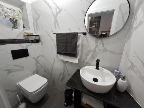 a bathroom with a sink and a toilet and a mirror at Holiday house with a swimming pool Lucane, Zagora - 23648 in Sinj