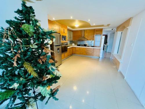 a christmas tree in the middle of a kitchen at Venator House Habitación sencilla #16 in Miravalle