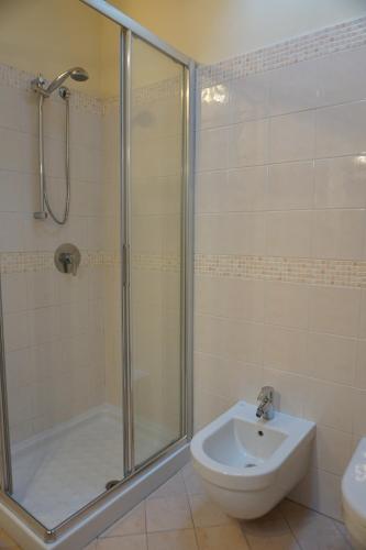 a bathroom with a shower and a toilet and a sink at Cozy flat in Fontanellato