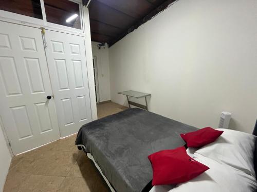 a bedroom with a bed with red pillows on it at Venator House Habitación sencilla #17 in Miravalle