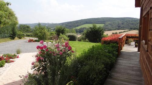 a garden with flowers and a wooden walkway at Ma Cabane du Canada in Combray