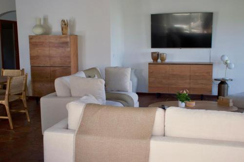 a living room with two white couches and a tv at Villa Camélia in Oyster Pond
