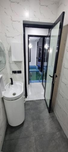 a bathroom with a toilet and a glass door at Shanis Luxurious Home in Lautoka