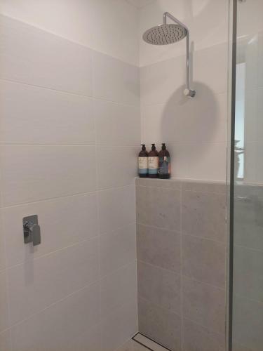 a bathroom with a shower with two bottles on a shelf at Dally's Nashdale in Nashdale