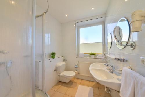 a bathroom with a sink and a toilet and a mirror at Hotel Drei Löwen in Dachau