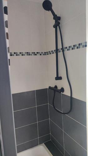 une douche avec pommeau de douche dans une salle de bain dans l'établissement Appartement la Foux d allos, à Allos