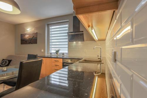 cocina con fregadero y encimera en Sail to Gdynia Apartment en Gdynia