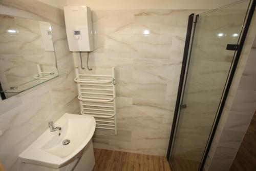 a bathroom with a shower and a toilet and a sink at Leśniczówka Wigierskiego Parku Narodowego w Maćkowej Rudzie in Krasnopol