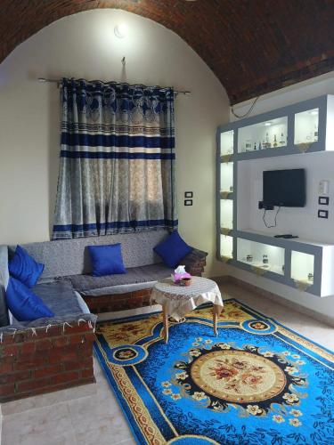 a living room with a couch and a tv at Nile Rose Hause in Al Karnak