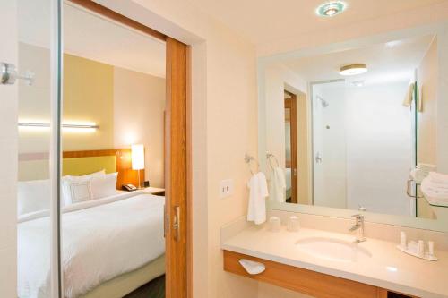 a bathroom with a bed and a sink and a mirror at SpringHill Suites by Marriott Pittsburgh Mt. Lebanon in Mount Lebanon