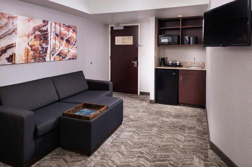 a living room with a couch and a kitchen at SpringHill Suites by Marriott Pittsburgh North Shore in Pittsburgh