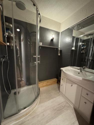 une salle de bain avec douche et lavabo dans l'établissement Renovated Duplex Apartment - 8 guests, aux Orres