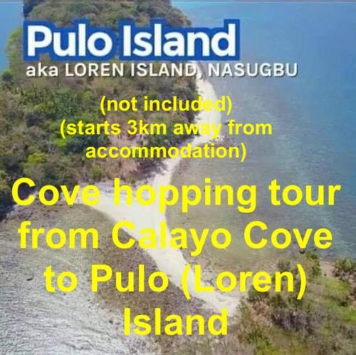 a sign for the island of puerto isla ladera island with descriptions at 2BR townhouses good for 12pax each & NETFLIX & 100Mbps WIFI & pool resort 2min walk & 3km outside Pico de Loro Cove & Calayo Cove - with Endorsement for Pico de Loro Cove good for 7 days & Boat-Tour & Island Hopping assistance in Nasugbu