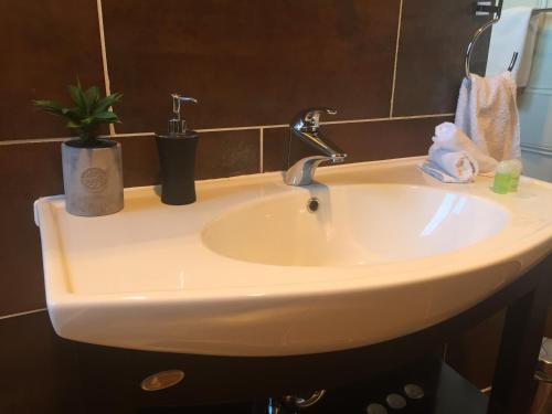 a white sink in a bathroom with a mirror at Little River Bed and Breakfast in Little River