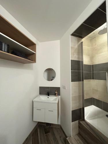 une salle de bain avec un lavabo et une douche dans l'établissement Appartement plein centre, à Vierzon