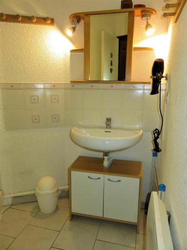 une salle de bain avec un lavabo et un miroir dans l'établissement Appartement avec balcon au pied des pistes, à Lélex