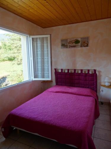 - une chambre avec un lit violet et une fenêtre dans l'établissement Gîte des amandiers, à La Robine