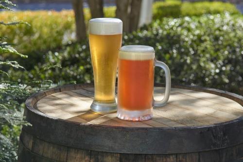two glasses of beer sitting on top of a barrel at Atlanta Airport Marriott Gateway in Atlanta