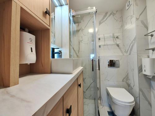 un bagno con un lavandino e una doccia di Apartman Oasis a Zlatibor
