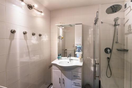 un bagno con doccia e lavandino di UFO´s Holiday Resort a Bad Reichenhall