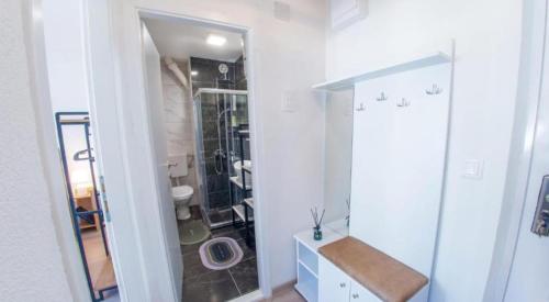 a white bathroom with a shower and a toilet at Francis First in Mostar