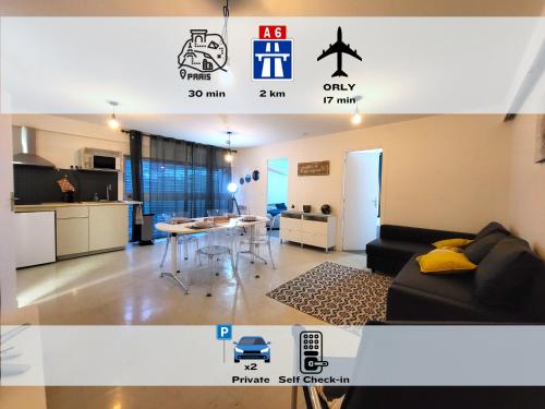 Il dispose d'une cuisine et d'un salon avec un canapé et une table. dans l'établissement Les Entrepreneurs - Appartements neufs et spacieux, proche RER C et Aéroport Orly, à Morangis