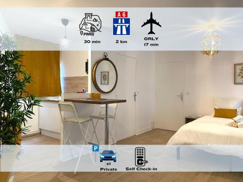 un collage de photos d'une chambre et d'une cuisine dans l'établissement Les Entrepreneurs - Appartements neufs et spacieux, proche RER C et Aéroport Orly, à Morangis