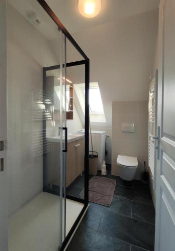 une salle de bain avec une douche en verre et des toilettes dans l'établissement Location bretagne Plougasnou LocPalais, à Plougasnou