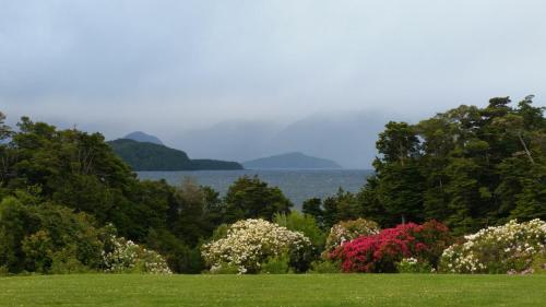 a view of the water with trees and flowers at Murrells Grand View House in Manapouri