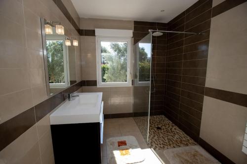 La salle de bains est pourvue d'un lavabo et d'une douche avec fenêtres. dans l'établissement Charmante villa avec piscine proche ville et plage, à Calvi