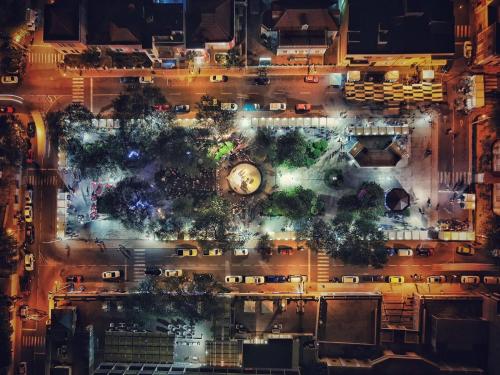 an aerial view of a city at night at Casa Senador in Mindelo