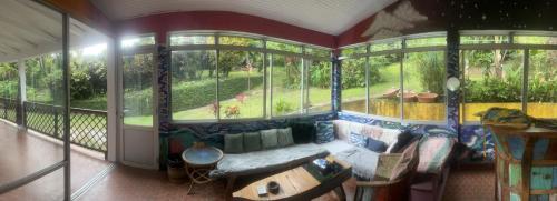 a room with a couch in a room with windows at Wonderland Rooms in Petit-Bourg