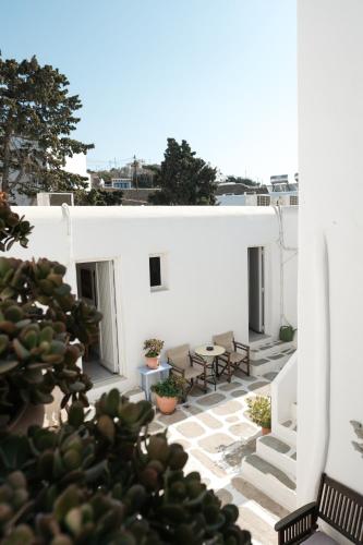 a view of the courtyard of a house with a cactus at Angela's Rooms in Mýkonos City
