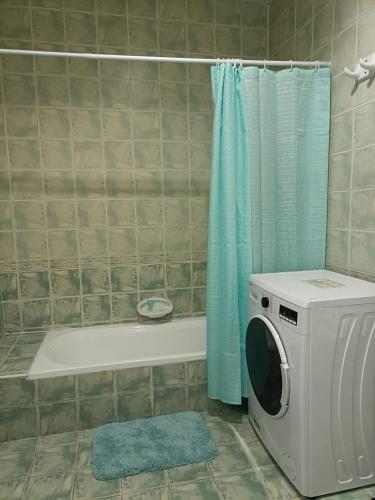 a bathroom with a washing machine next to a bath tub at Khalifa A studio Room 13-6 in Abu Dhabi