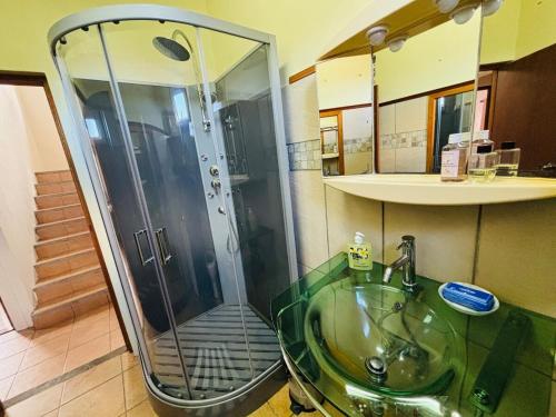 a bathroom with a shower with a green sink at Cosy duplex in Res les Barachois 3,Grand-Gaube in Grand Gaube