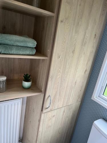 Una habitación con estantes de madera y una ventana. en Beautiful bideford bay holiday vans, en Bucks Mills