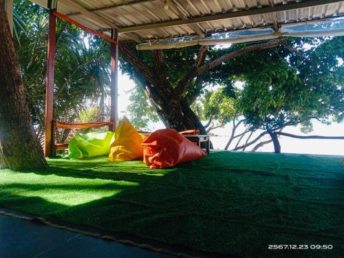 three colorful bags sitting on the ground under a tree at Koh Phu Valley in Ko Jum