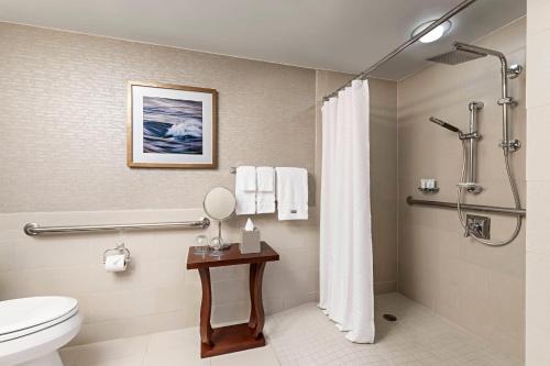 a bathroom with a toilet and a shower at The Westin Toronto Airport in Toronto
