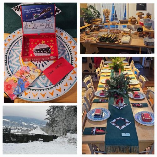 a collage of three pictures of a table with food at Fexada Home in Vama