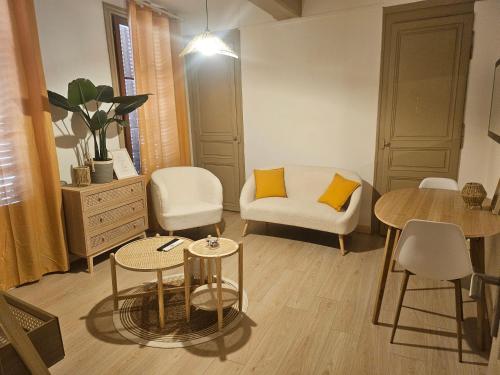 un salon avec un canapé et une table dans l'établissement Appartement cosy hyper centre, à Troyes