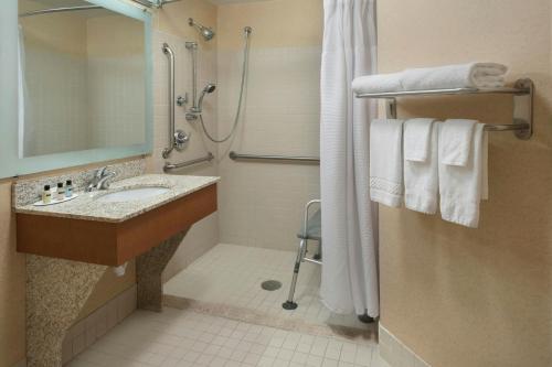 a bathroom with a sink and a shower at SpringHill Suites by Marriott Albany Latham-Colonie in Albany