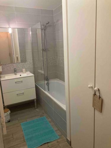 une salle de bain avec une douche, une baignoire et un lavabo dans l'établissement Appartement terrasse entre Paris et Disney, à Bry-sur-Marne