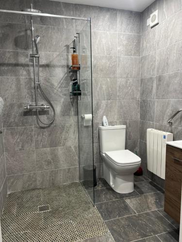 ein Badezimmer mit Dusche und Toilette in der Unterkunft The Bath House & Sauna Garden x 4 beds in Newcastle